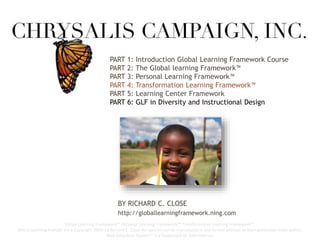 BY RICHARD C. CLOSE
http://globallearningframework.ning.com
Global Learning Framework™ Personal Learning Framework™ Transformative Learning Framework™,
Micro Learning Paths© are a Copyright 2009-14 Richard C. Close No version can be reproduced in any format without written permission from author
Web Education System™ is a Trademark of BASCOM Inc.
PART 1: Introduction Global Learning Framework Course
PART 2: The Global learning Framework™
PART 3: Personal Learning Framework™
PART 4: Transformation Learning Framework™
PART 5: Learning Center Framework
PART 6: GLF in Diversity and Instructional Design
 