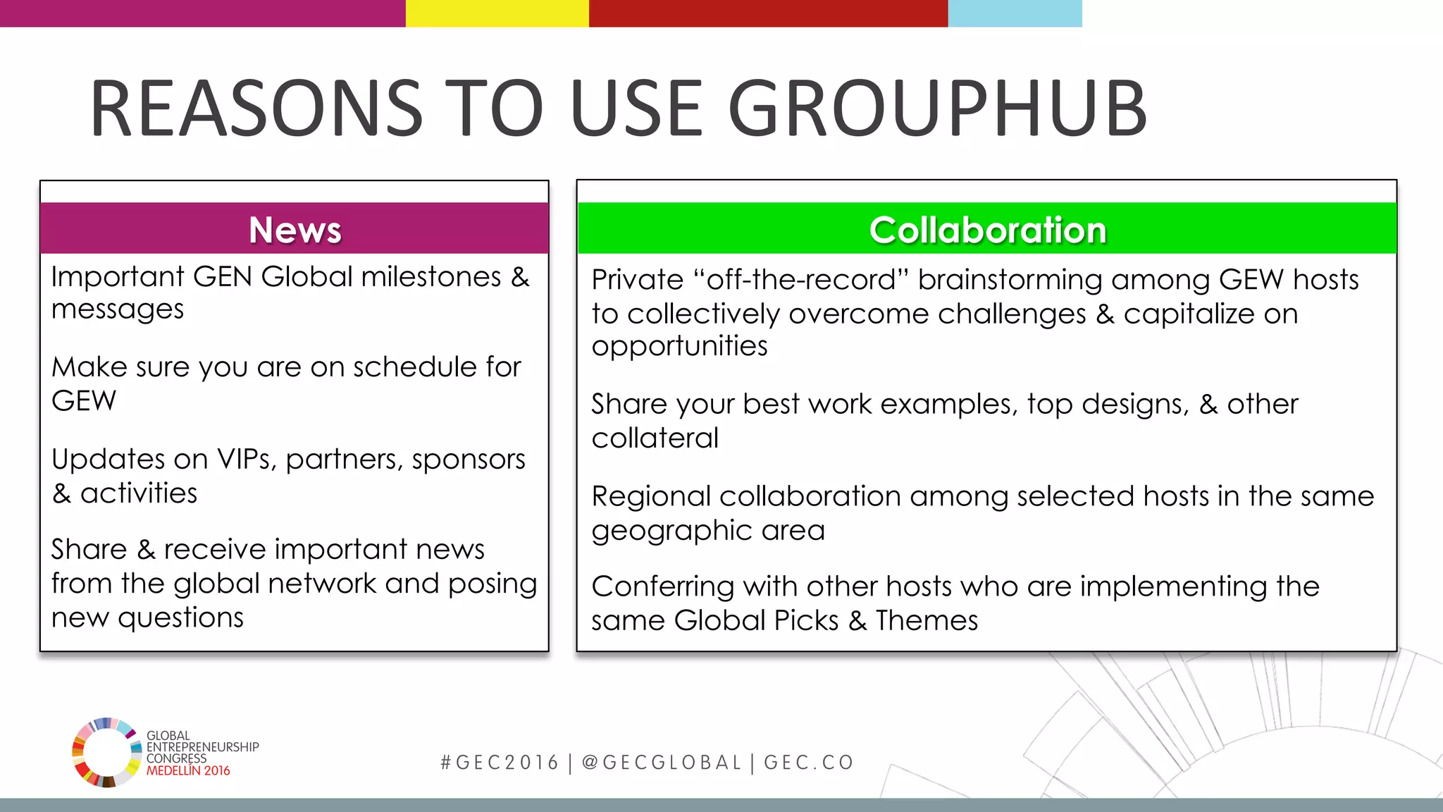 MEDELLÍN 2016 # G E C 2 0 1 6 | @ G E C G L O B A L | G E C . C O
REASONS	TO	USE	GROUPHUB	
Private “off-the-record” brainstorming among GEW hosts
to collectively overcome challenges & capitalize on
opportunities
Share your best work examples, top designs, & other
collateral
Regional collaboration among selected hosts in the same
geographic area
Conferring with other hosts who are implementing the
same Global Picks & Themes
Important GEN Global milestones &
messages
Make sure you are on schedule for
GEW
Updates on VIPs, partners, sponsors
& activities
Share & receive important news
from the global network and posing
new questions
News Collaboration
 
