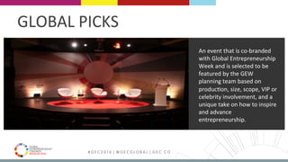 MEDELLÍN 2016 # G E C 2 0 1 6 | @ G E C G L O B A L | G E C . C O
GLOBAL	PICKS	
An	event	that	is	co-branded	
with	Global	Entrepreneurship	
Week	and	is	selected	to	be	
featured	by	the	GEW	
planning	team	based	on	
producFon,	size,	scope,	VIP	or	
celebrity	involvement,	and	a	
unique	take	on	how	to	inspire	
and	advance	
entrepreneurship.	
 