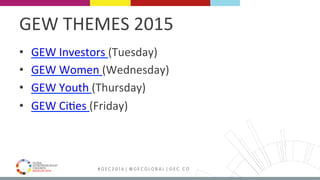 MEDELLÍN 2016 # G E C 2 0 1 6 | @ G E C G L O B A L | G E C . C O
GEW	THEMES	2015	
•  GEW	Investors	(Tuesday)	
•  GEW	Women	(Wednesday)	
•  GEW	Youth	(Thursday)	
•  GEW	CiFes	(Friday)	
 