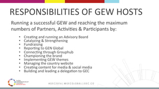 MEDELLÍN 2016 # G E C 2 0 1 6 | @ G E C G L O B A L | G E C . C O
RESPONSIBILITIES	OF	GEW	HOSTS	
Running	a	successful	GEW	and	reaching	the	maximum	
numbers	of	Partners,	AcFviFes	&	ParFcipants	by:	
	
•  CreaFng	and	running	an	Advisory	Board	
•  Catalyzing	&	Strengthening	
•  Fundraising	
•  ReporFng	to	GEN	Global	
•  ConnecFng	through	Grouphub	
•  Championing	the	brand	
•  ImplemenFng	GEW	themes	
•  Managing	the	country	website	
•  CreaFng	content	for	media	&	social	media	
•  Building	and	leading	a	delegaFon	to	GEC		
 