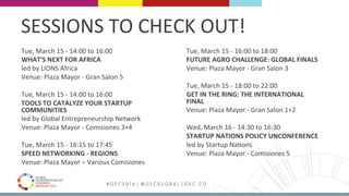 MEDELLÍN 2016 # G E C 2 0 1 6 | @ G E C G L O B A L | G E C . C O
Tue,	March	15	-	14:00	to	16:00	
WHAT'S	NEXT	FOR	AFRICA	
led	by	LIONS	Africa	
Venue:	Plaza	Mayor	-	Gran	Salon	5	
	
Tue,	March	15	-	14:00	to	16:00	
TOOLS	TO	CATALYZE	YOUR	STARTUP	
COMMUNITIES	
led	by	Global	Entrepreneurship	Network	
Venue:	Plaza	Mayor	-	Comisiones	3+4	
	
Tue,	March	15	-	16:15	to	17:45	
SPEED	NETWORKING	-	REGIONS	
Venue:	Plaza	Mayor	–	Various	Comisiones		
	
	
	
SESSIONS	TO	CHECK	OUT!	
Tue,	March	15	-	16:00	to	18:00	
FUTURE	AGRO	CHALLENGE:	GLOBAL	FINALS	
Venue:	Plaza	Mayor	-	Gran	Salon	3	
	
Tue,	March	15	-	18:00	to	22:00	
GET	IN	THE	RING:	THE	INTERNATIONAL	
FINAL	
Venue:	Plaza	Mayor	-	Gran	Salon	1+2	
	
Wed,	March	16	-	14:30	to	16:30	
STARTUP	NATIONS	POLICY	UNCONFERENCE	
led	by	Startup	NaFons	
Venue:	Plaza	Mayor	-	Comisiones	5	
	
 