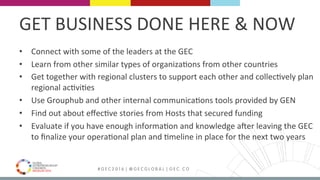 MEDELLÍN 2016 # G E C 2 0 1 6 | @ G E C G L O B A L | G E C . C O
•  Connect	with	some	of	the	leaders	at	the	GEC		
•  Learn	from	other	similar	types	of	organizaFons	from	other	countries	
•  Get	together	with	regional	clusters	to	support	each	other	and	collecFvely	plan	
regional	acFviFes	
•  Use	Grouphub	and	other	internal	communicaFons	tools	provided	by	GEN	
•  Find	out	about	eﬀecFve	stories	from	Hosts	that	secured	funding	
•  Evaluate	if	you	have	enough	informaFon	and	knowledge	aker	leaving	the	GEC	
to	ﬁnalize	your	operaFonal	plan	and	Fmeline	in	place	for	the	next	two	years	
	
GET	BUSINESS	DONE	HERE	&	NOW	
 