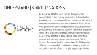 GEN country afﬁliates are a conduit through which
policymakers in one country gain access to the collective
knowledge and experience of their peers in another similar
economy. Startup Nations is also a means to learn about
new government-sponsored programs and/or regulatory
policies aimed at increasing new ﬁrm formation, especially
in the early, experimental stage. Startup Nations enables
GEN country afﬁliates to gain leading-edge insight into
government efforts to support entrepreneurs. Further,
through the annual Startup Nations Awards, GEN country
afﬁliates are able to help local policymakers gain global
recognition for their efforts championing startup policies.
UNDERSTAND | STARTUP NATIONS
 