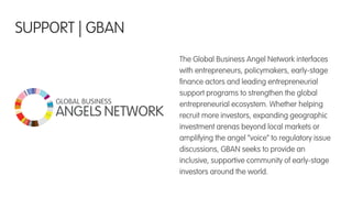 The Global Business Angel Network interfaces
with entrepreneurs, policymakers, early-stage
ﬁnance actors and leading entrepreneurial
support programs to strengthen the global
entrepreneurial ecosystem. Whether helping
recruit more investors, expanding geographic
investment arenas beyond local markets or
amplifying the angel “voice” to regulatory issue
discussions, GBAN seeks to provide an
inclusive, supportive community of early-stage
investors around the world.
SUPPORT | GBAN
 
