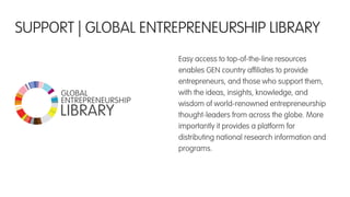 Easy access to top-of-the-line resources
enables GEN country afﬁliates to provide
entrepreneurs, and those who support them,
with the ideas, insights, knowledge, and
wisdom of world-renowned entrepreneurship
thought-leaders from across the globe. More
importantly it provides a platform for
distributing national research information and
programs.
SUPPORT | GLOBAL ENTREPRENEURSHIP LIBRARY
 