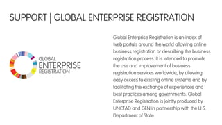 Global Enterprise Registration is an index of
web portals around the world allowing online
business registration or describing the business
registration process. It is intended to promote
the use and improvement of business
registration services worldwide, by allowing
easy access to existing online systems and by
facilitating the exchange of experiences and
best practices among governments. Global
Enterprise Registration is jointly produced by
UNCTAD and GEN in partnership with the U.S.
Department of State.
SUPPORT | GLOBAL ENTERPRISE REGISTRATION
 