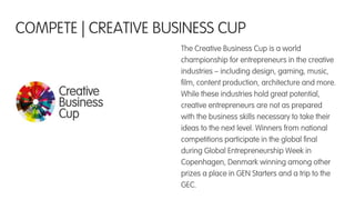 The Creative Business Cup is a world
championship for entrepreneurs in the creative
industries – including design, gaming, music,
ﬁlm, content production, architecture and more.
While these industries hold great potential,
creative entrepreneurs are not as prepared
with the business skills necessary to take their
ideas to the next level. Winners from national
competitions participate in the global ﬁnal
during Global Entrepreneurship Week in
Copenhagen, Denmark winning among other
prizes a place in GEN Starters and a trip to the
GEC.
COMPETE | CREATIVE BUSINESS CUP
 