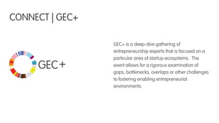 GEC+ is a deep-dive gathering of
entrepreneurship experts that is focused on a
particular area of startup ecosystems. The
event allows for a rigorous examination of
gaps, bottlenecks, overlaps or other challenges
to fostering enabling entrepreneurial
environments.
CONNECT | GEC+
GEC+
 