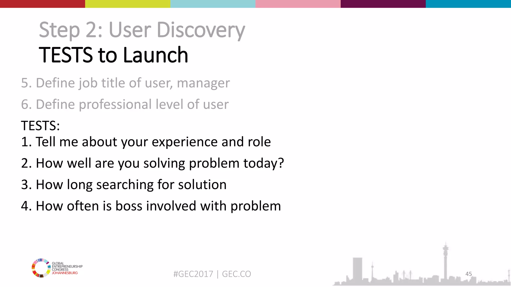 #GEC2017 | GEC.CO
Step 2: User Discovery
TESTS to Launch
5. Define job title of user, manager
6. Define professional level of user
TESTS:
1. Tell me about your experience and role
2. How well are you solving problem today?
3. How long searching for solution
4. How often is boss involved with problem
45
 