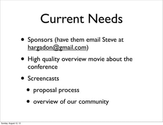 Current Needs
• Sponsors (have them email Steve at
hargadon@gmail.com)
• High quality overview movie about the
conference
• Screencasts
• proposal process
• overview of our community
Sunday, August 12, 12
 