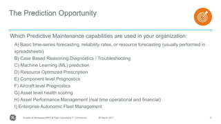 The Prediction Opportunity
Which Predictive Maintenance capabilities are used in your organization:
A) Basic time-series forecasting, reliability rates, or resource forecasting (usually performed in
spreadsheets)
B) Case Based Reasoning Diagnostics / Troubleshooting
C) Machine Learning (ML) prediction
D) Resource Optimized Prescription
E) Component level Prognostics
F) Aircraft level Prognostics
G) Asset level health scoring
H) Asset Performance Management (real time operational and financial)
I) Enterprise Autonomic Fleet Management
1126 March 2017Aviation & Aerospace MRO & Flight Operations IT Conference
 