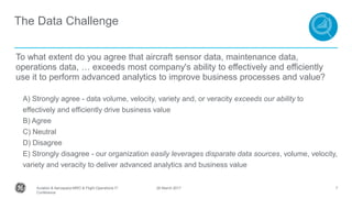 The Data Challenge
To what extent do you agree that aircraft sensor data, maintenance data,
operations data, … exceeds most company's ability to effectively and efficiently
use it to perform advanced analytics to improve business processes and value?
A) Strongly agree - data volume, velocity, variety and, or veracity exceeds our ability to
effectively and efficiently drive business value
B) Agree
C) Neutral
D) Disagree
E) Strongly disagree - our organization easily leverages disparate data sources, volume, velocity,
variety and veracity to deliver advanced analytics and business value
726 March 2017Aviation & Aerospace MRO & Flight Operations IT
Conference
 