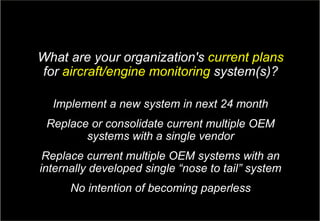 10Copyright © Capgemini 2017. All Rights Reserved
GE Aviation & Capgemini: Aviation MRO Survey| April, 2017
What are your organization's current plans
for aircraft/engine monitoring system(s)?
Implement a new system in next 24 month
Replace or consolidate current multiple OEM
systems with a single vendor
Replace current multiple OEM systems with an
internally developed single “nose to tail” system
No intention of becoming paperless
 
