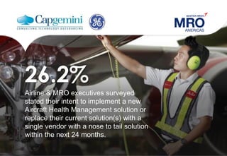 26.2%
Airline & MRO executives surveyed
stated their intent to implement a new
Aircraft Health Management solution or
replace their current solution(s) with a
single vendor with a nose to tail solution
within the next 24 months.
 