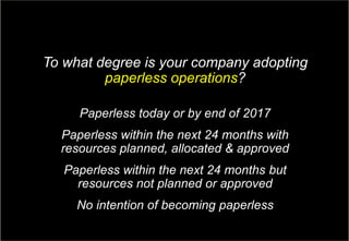 6Copyright © Capgemini 2017. All Rights Reserved
GE Aviation & Capgemini: Aviation MRO Survey| April, 2017
To what degree is your company adopting
paperless operations?
Paperless today or by end of 2017
Paperless within the next 24 months with
resources planned, allocated & approved
Paperless within the next 24 months but
resources not planned or approved
No intention of becoming paperless
 