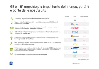 GE è il 6° marchio più importante del mondo, perchè 
è parte della nostra vita 
GE Capital Italy 
Il sistema di segnalazione della Metropolitana è gestito da GE. 
L’auto di molte famiglie è aziendale e potrebbe essere parte dei 50.000 veicoli 
noleggiati con GE Capital. 
Le strade che percorriamo sono illuminate con lampadine a basso impatto 
energetico costruite da GE Appliances & Lighting. 
La tecnologia utilizzata nelle pompe di benzina dove ci riforiamo di carburante è 
sviluppata da GE Oil & Gas. 
Le macchine per l’ecografia utilizzate in molti ospedali e centri diagnostici sono 
Scanner prodotti da GE Healthcare. 
Negli spostamenti in aereo probabilmente abbiamo volato con un A330 che monta 
un motore di GE Aviation Services. 
Chi ha recentemente visitato Londra noterà che la tecnologia di GE è rappresentata 
in ogni luogo di Sochi 2014, fornitura di energia, illuminazione, monitoraggio del 
tempo e apparecchiature mediche. 
I forni a microonde che utilizziamo sono di GE Appliances. 
Fonte: Interbrand 2013 
 