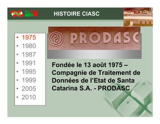 HISTOIRE CIASC



•   1975
•   1980
•   1987
•   1991   Fondée le 13 août 1975 –
•   1995   Compagnie de Traitement de
•   1999   Données de l’Etat de Santa
•   2005   Catarina S.A. - PRODASC
•   2010
 