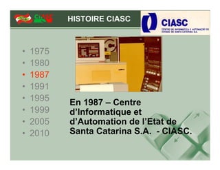 HISTOIRE CIASC



•   1975
•   1980
•   1987
•   1991
•   1995   En 1987 – Centre
•   1999   d’Informatique et
•   2005   d’Automation de l’Etat de
•   2010   Santa Catarina S.A. - CIASC.
 