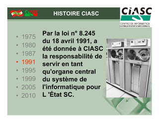 HISTOIRE CIASC


           Par la loi n° 8.245
•   1975
           du 18 avril 1991, a
•   1980
           été donnée à CIASC
•   1987   la responsabilité de
•   1991   servir en tant
•   1995   qu'organe central
•   1999   du système de
•   2005   l'informatique pour
•   2010   L 'État SC.
 