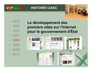 HISTOIRE CIASC



•   1975   Le développement des
•   1980   premiers sites sur l'Internet
•   1987   pour le gouvernement d'État
•   1991
•   1995
•   1999
•   2005
•   2010
 