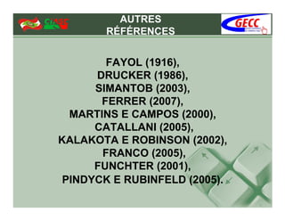 AUTRES
       RÉFÉRENCES


        FAYOL (1916),
      DRUCKER (1986),
      SIMANTOB (2003),
       FERRER (2007),
  MARTINS E CAMPOS (2000),
      CATALLANI (2005),
KALAKOTA E ROBINSON (2002),
       FRANCO (2005),
      FUNCHTER (2001),
 PINDYCK E RUBINFELD (2005).
 