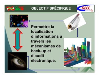 OBJECTIF SPÉCIFIQUE




Permettre la
localisation
d’informations à
travers les
mécanismes de
back-up et
d’audit
électronique.
 