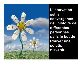 L’innovation
est la
convergence
de l’histoire de
différentes
personnes
dans le but de
trouver une
solution
d’avenir
 2003. Queiroz, Diomário
 