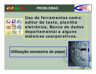PROBLEMAS

       Uso de fe r r a m e n t a s com o:
       e dit or de t e x t o, pla n ilh a
       e le t r ôn ica , Ba n co de da dos
       de pa r t a m e n t a l e a lgu n s
       sist e m a s coor por a t ivos.


Utilização excessiva de papel
 