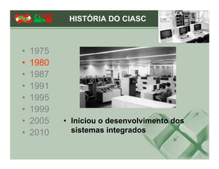 HISTÓRIA DO CIASC



•   1975
•   1980
•   1987
•   1991
•   1995
•   1999
•   2005   • Iniciou o desenvolvimento dos
•   2010     sistemas integrados
 