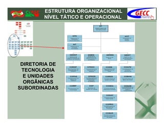 ESTRUTURA ORGANIZACIONAL
        NÍVEL TÁTICO E OPERACIONAL




 DIRETORIA DE
 TECNOLOGIA
  E UNIDADES
  ORGÂNICAS
SUBORDINADAS
 