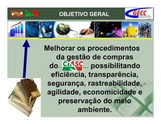 OBJETIVO GERAL




Melhorar os procedimentos
   da gestão de compras
 do............... possibilitando
  eficiência, transparência,
 segurança, rastreabilidade,
 agilidade, economicidade e
    preservação do meio
             ambiente.
 
