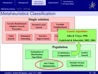 Ant Colony                        Conclusions
 Introduction    Background                       Experiments
                                  Optimization                     & Future Work


Metaheuristics ACO ACOhg                                                                            2007


Metaheuristics Classification
                              Single solution
      Greedy Randomized         Iterated Local           Variable
       Adaptive Search              Search             Neighborhood
          Procedure                                       Search
                                                                       Genetic Algorithms
        Tabu       Simulated           Iterative                      Alba & Troya, 1996
                                                            Guided Local
       Search      Annealing         Improvement              Search
                                                                Godefroid & Khurshid, 2002, 2004

                                                      Population
                               Estimation of                 Evolutionary             Scatter
                               Distribution                  Computation              Search
                                Algorithms

                                             Ant Colony                    Particle Swarm
                                             Optimization                   Optimization


   London, United Kingdom, July 7-11, 2007                                                      11 / 28
 