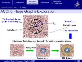 Ant Colony                        Conclusions
 Introduction      Background                           Experiments
                                     Optimization                     & Future Work


Metaheuristics ACO ACOhg                                                                                 2007


ACOhg: Huge Graphs Exploration
 The length of the ant
 paths is limited by λant                                                              What if…?
                                                                      λant
                                                                                      Objective node

        Initial node                                                                  Two alternatives




                Missionary Technique: starting nodesλant changes
                             Expansion Technique: for path construction change


                                After σsi steps




                                                    Second ant + δl
                                                    λant = λstage                 Third stage
   London, United Kingdom, July 7-11, 2007                                                         18 / 28
 