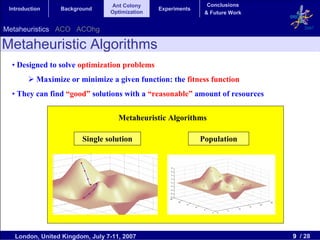 Ant Colony                     Conclusions
 Introduction     Background                    Experiments
                                 Optimization                  & Future Work


Metaheuristics ACO ACOhg                                                          2007


Metaheuristic Algorithms
  • Designed to solve optimization problems
           Maximize or minimize a given function: the fitness function
  • They can find “good” solutions with a “reasonable” amount of resources


                                    Metaheuristic Algorithms

                        Single solution                       Population




   London, United Kingdom, July 7-11, 2007                                     9 / 28
 