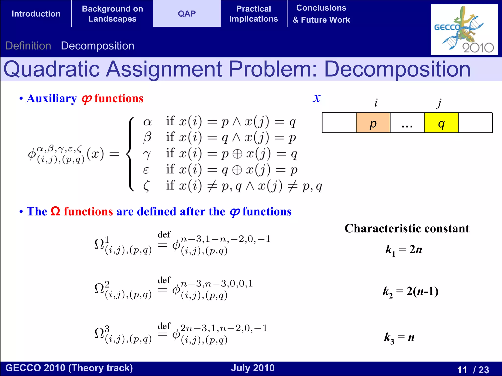 Background on                 Practical     Conclusions
 Introduction                         QAP
                 Landscapes                 Implications   & Future Work


Definition Decomposition

Quadratic Assignment Problem: Decomposition
  • Auxiliary ϕ functions                                      x           i             j
                                                                           p      …      q




  • The Ω functions are defined after the ϕ functions
                                def
                                                                      Characteristic constant
                                                                               k1 = 2n

                                def
                                                                               k2 = 2(n-1)

                                def
                                                                               k3 = n

GECCO 2010 (Theory track)                   July 2010                                        11 / 23
 