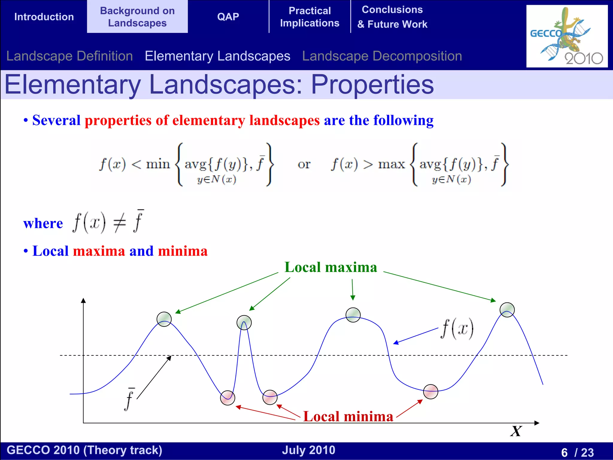 Background on              Practical     Conclusions
 Introduction                   QAP
                 Landscapes              Implications   & Future Work


Landscape Definition Elementary Landscapes Landscape Decomposition

Elementary Landscapes: Properties
  • Several properties of elementary landscapes are the following




  where
  • Local maxima and minima
                                          Local maxima




                                             Local minima
                                                                        X
GECCO 2010 (Theory track)                July 2010                          6 / 23
 