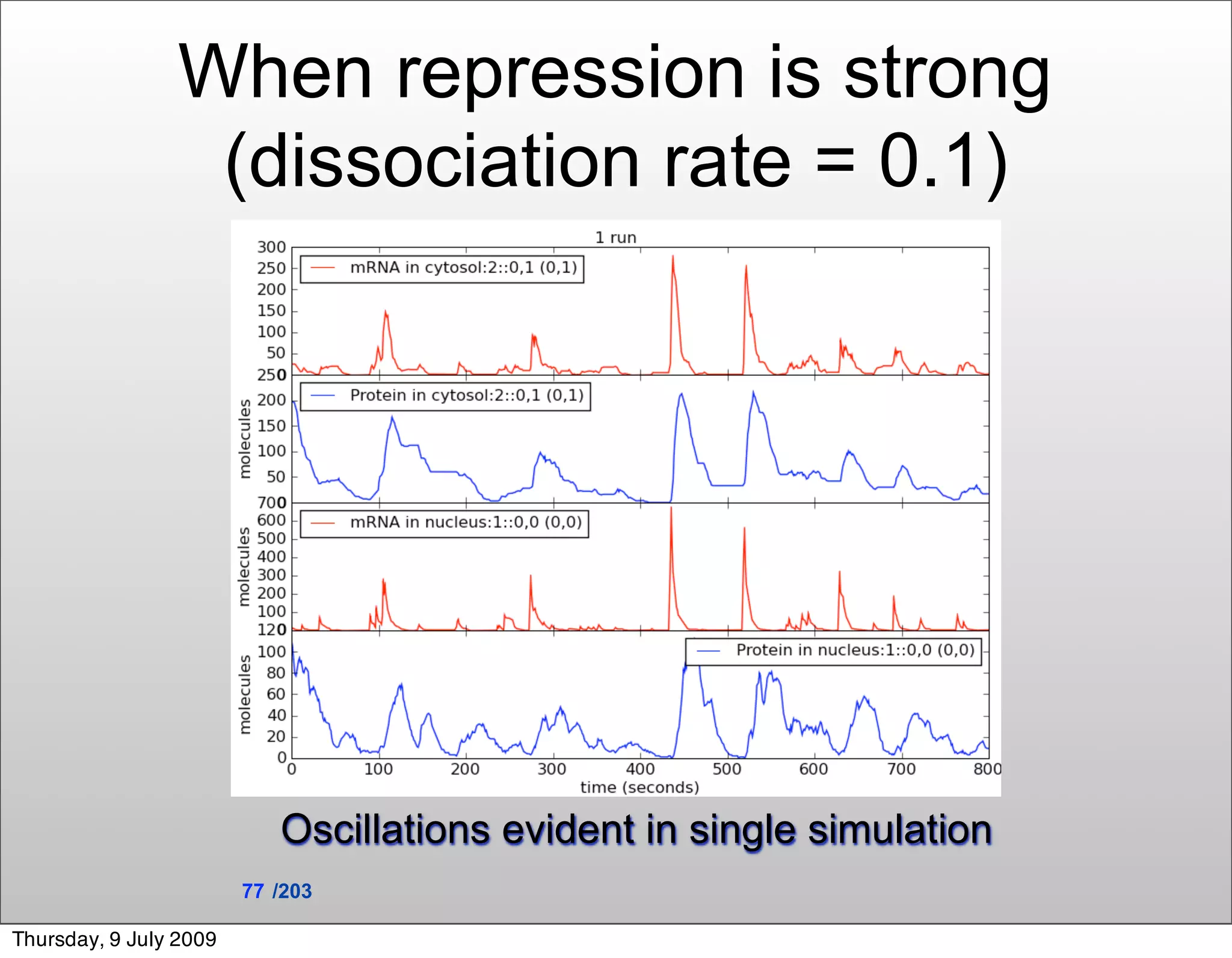 When repression is strong
                  (dissociation rate = 0.1)




                           Oscillations evident in single simulation
                        77 /203

Thursday, 9 July 2009
 