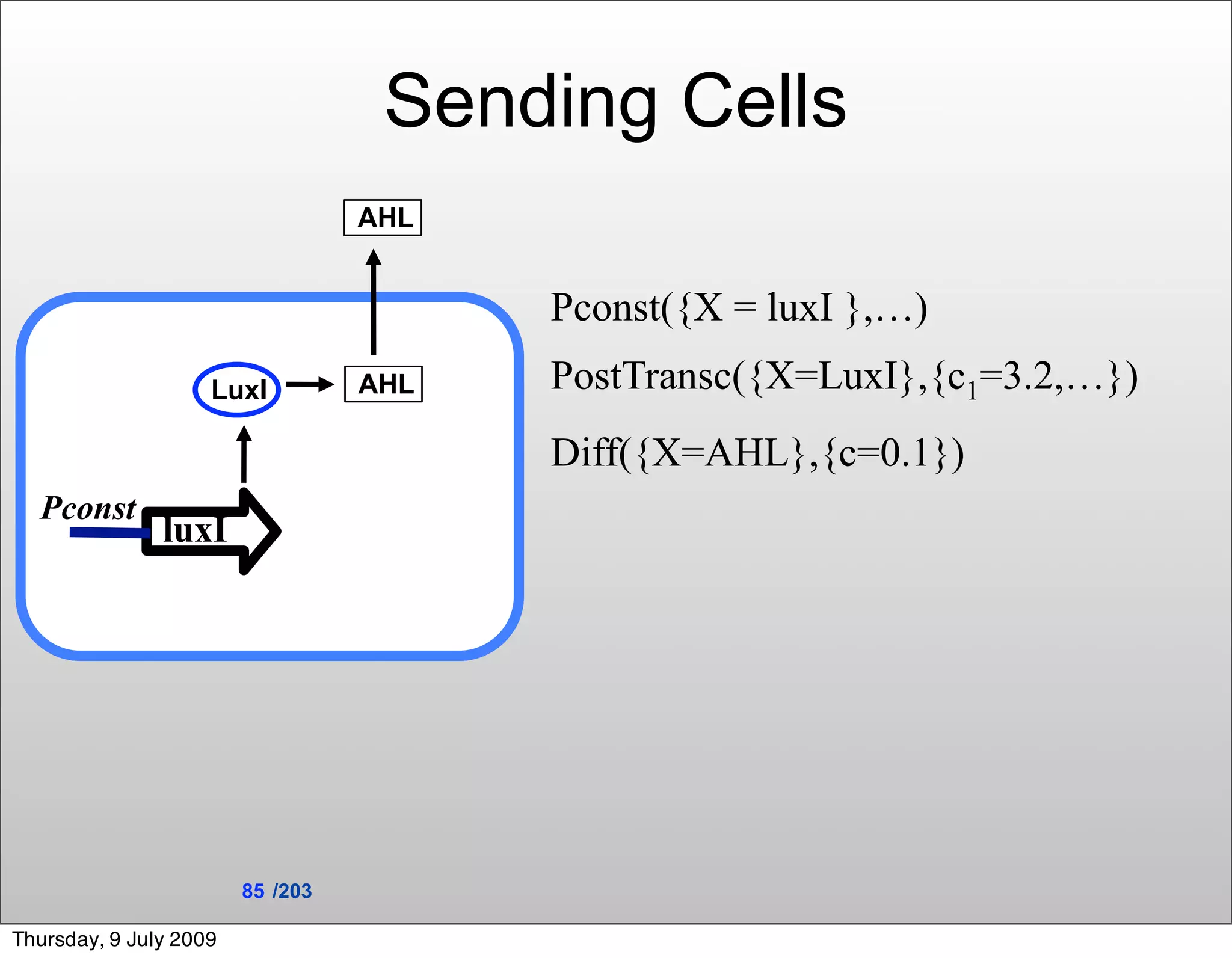 Sending Cells
                                  AHL


                                        Pconst({X = luxI },…)
                    LuxI          AHL   PostTransc({X=LuxI},{c1=3.2,…})
                                        Diff({X=AHL},{c=0.1})
  Pconst
               luxI




                        85 /203

Thursday, 9 July 2009
 