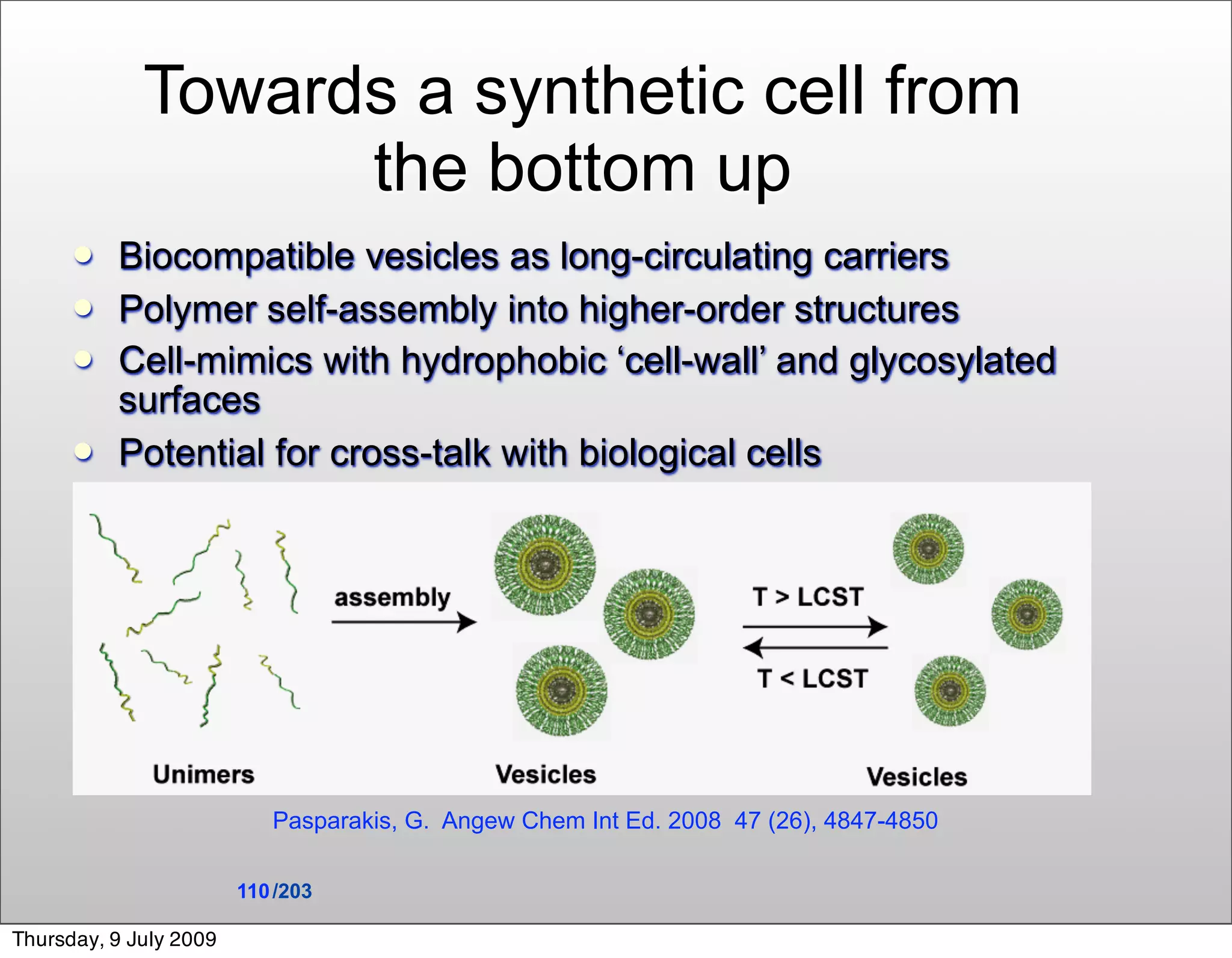 Towards a synthetic cell from
                   the bottom up
         Biocompatible vesicles as long-circulating carriers
         Polymer self-assembly into higher-order structures
         Cell-mimics with hydrophobic ‘cell-wall’ and glycosylated
          surfaces
         Potential for cross-talk with biological cells




                           Pasparakis, G. Angew Chem Int Ed. 2008 47 (26), 4847-4850

                        110 /203

Thursday, 9 July 2009
 