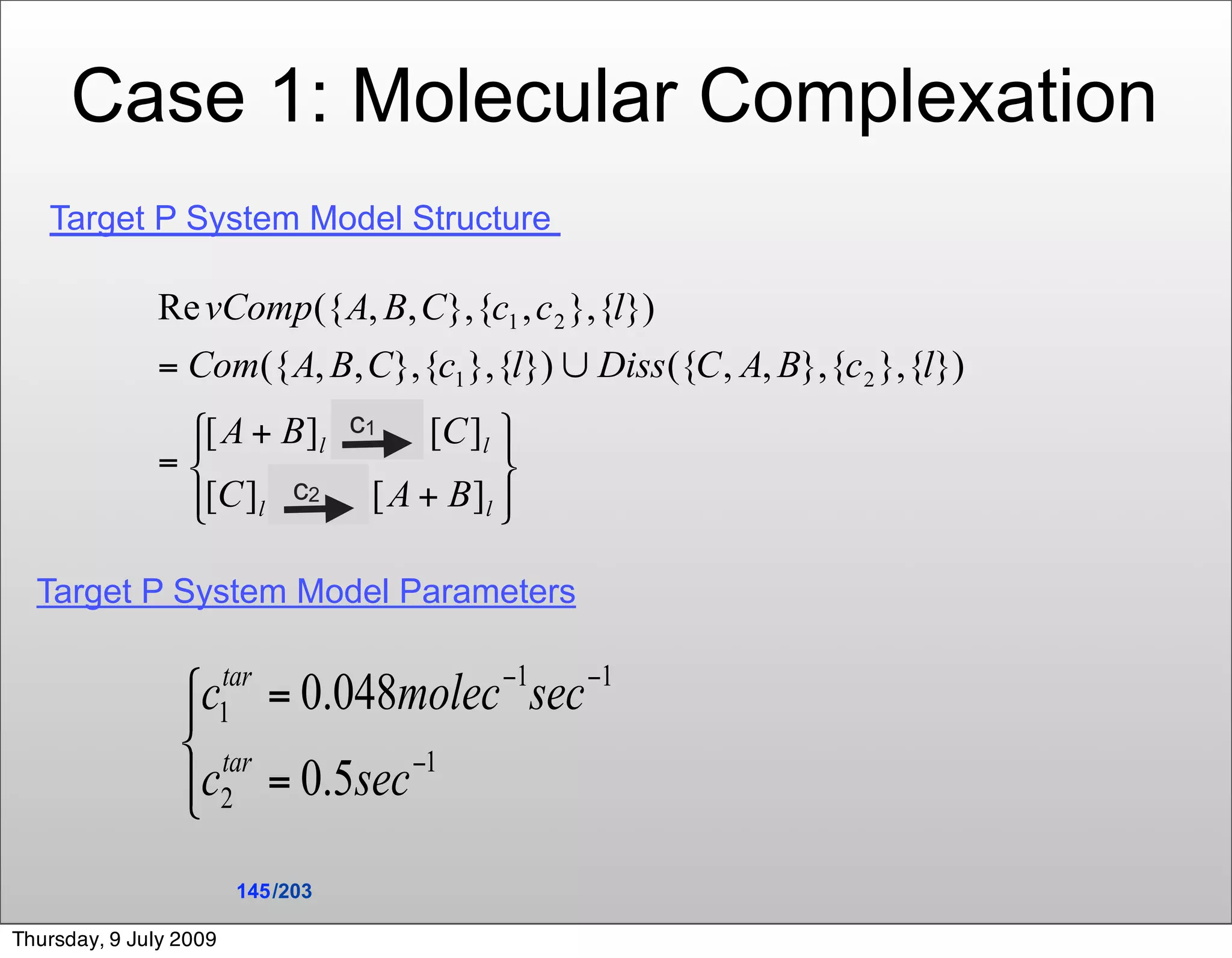 Case 1: Molecular Complexation
   Target P System Model Structure




                                   c1

                             c2


  Target P System Model Parameters




                        145 /203

Thursday, 9 July 2009
 