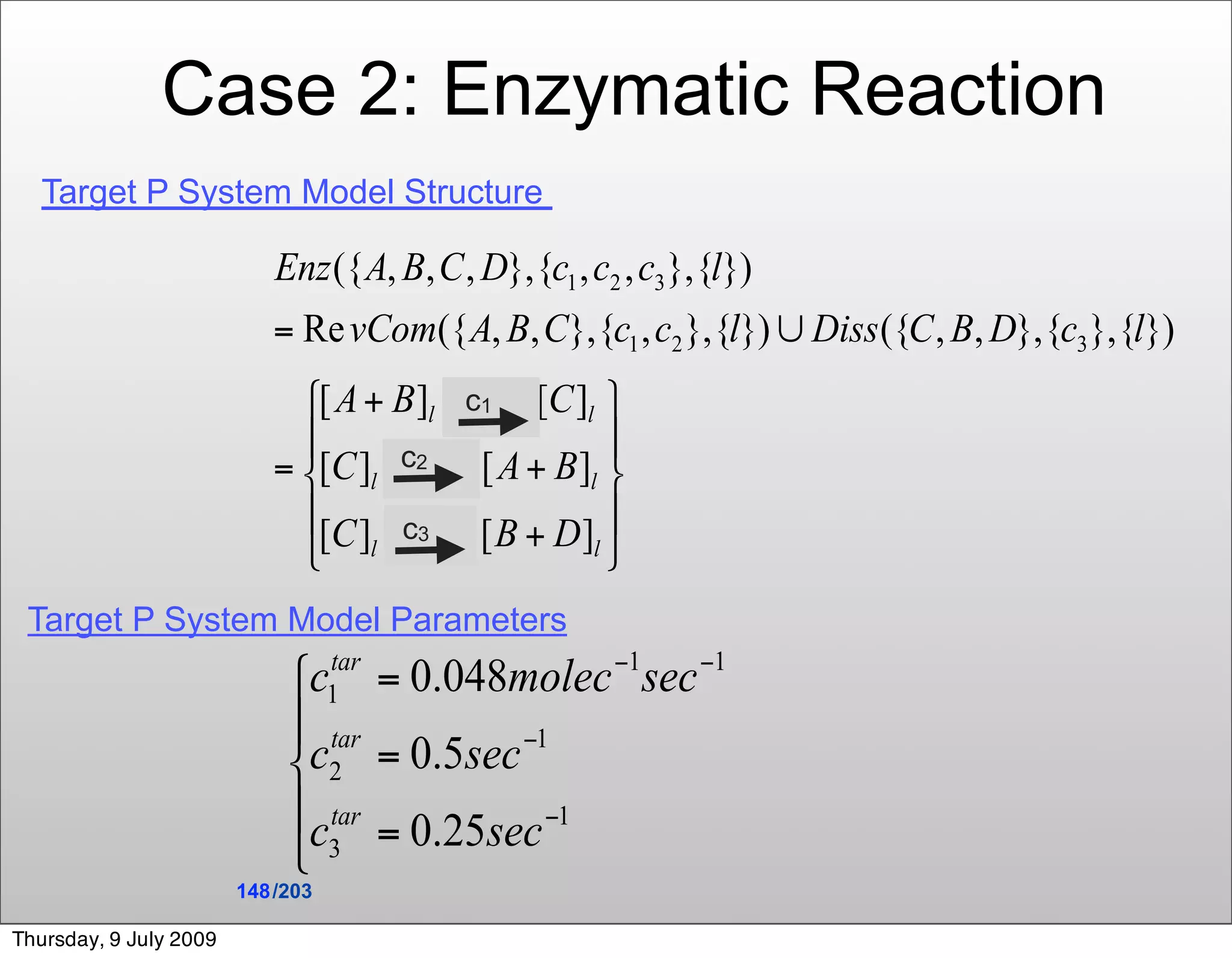 Case 2: Enzymatic Reaction
   Target P System Model Structure




                                        c1
                                   c2

                                   c3

 Target P System Model Parameters




                        148 /203

Thursday, 9 July 2009
 