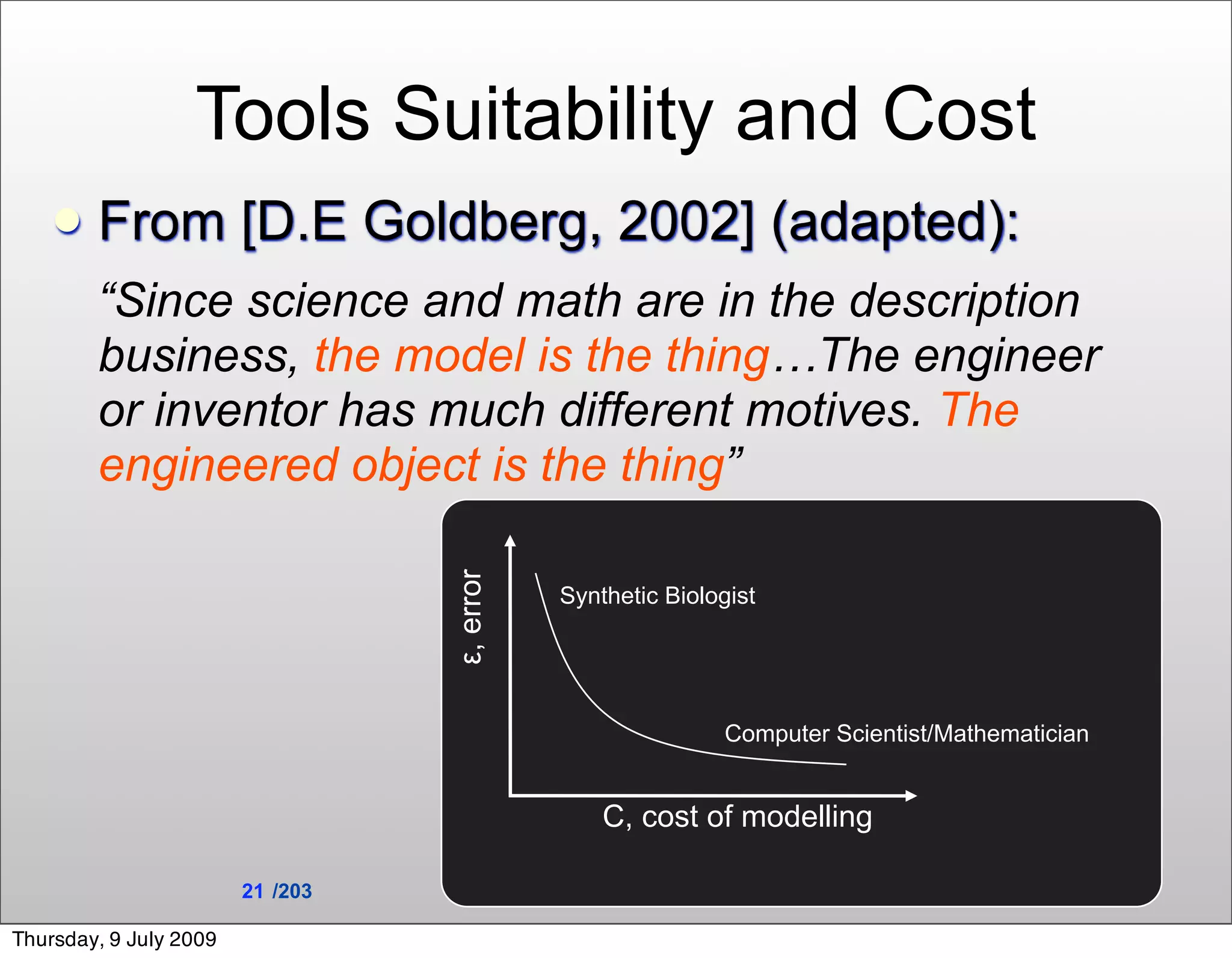 Tools Suitability and Cost
       From [D.E Goldberg, 2002] (adapted):
        “Since science and math are in the description
        business, the model is the thing…The engineer
        or inventor has much different motives. The
        engineered object is the thing”
                                  ε, error



                                             Synthetic Biologist




                                                             Computer Scientist/Mathematician


                                                 C, cost of modelling

                        21 /203

Thursday, 9 July 2009
 