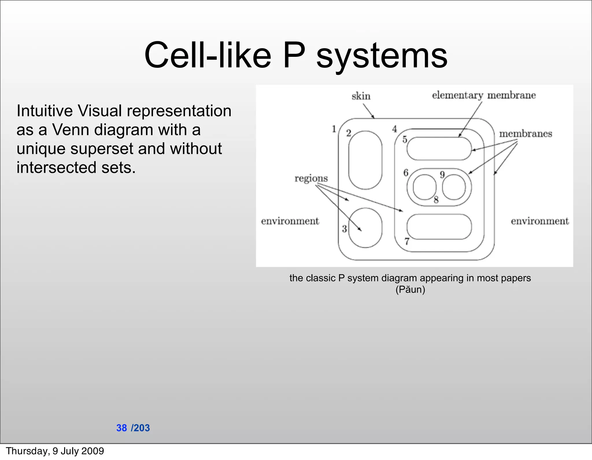 Cell-like P systems
  Intuitive Visual representation
  as a Venn diagram with a
  unique superset and without
  intersected sets.




                                      the classic P system diagram appearing in most papers
                                                              (Păun)




                        38 /203

Thursday, 9 July 2009
 