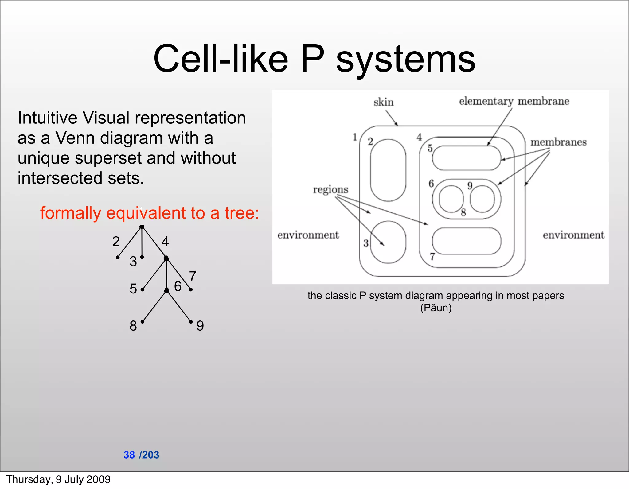 Cell-like P systems
  Intuitive Visual representation
  as a Venn diagram with a
  unique superset and without
  intersected sets.

      formally equivalent to a tree:
                  1

                        2             4
                             3
                                              7
                             5            6
                                                  the classic P system diagram appearing in most papers
                                                                          (Păun)
                             8                9




                            38 /203

Thursday, 9 July 2009
 