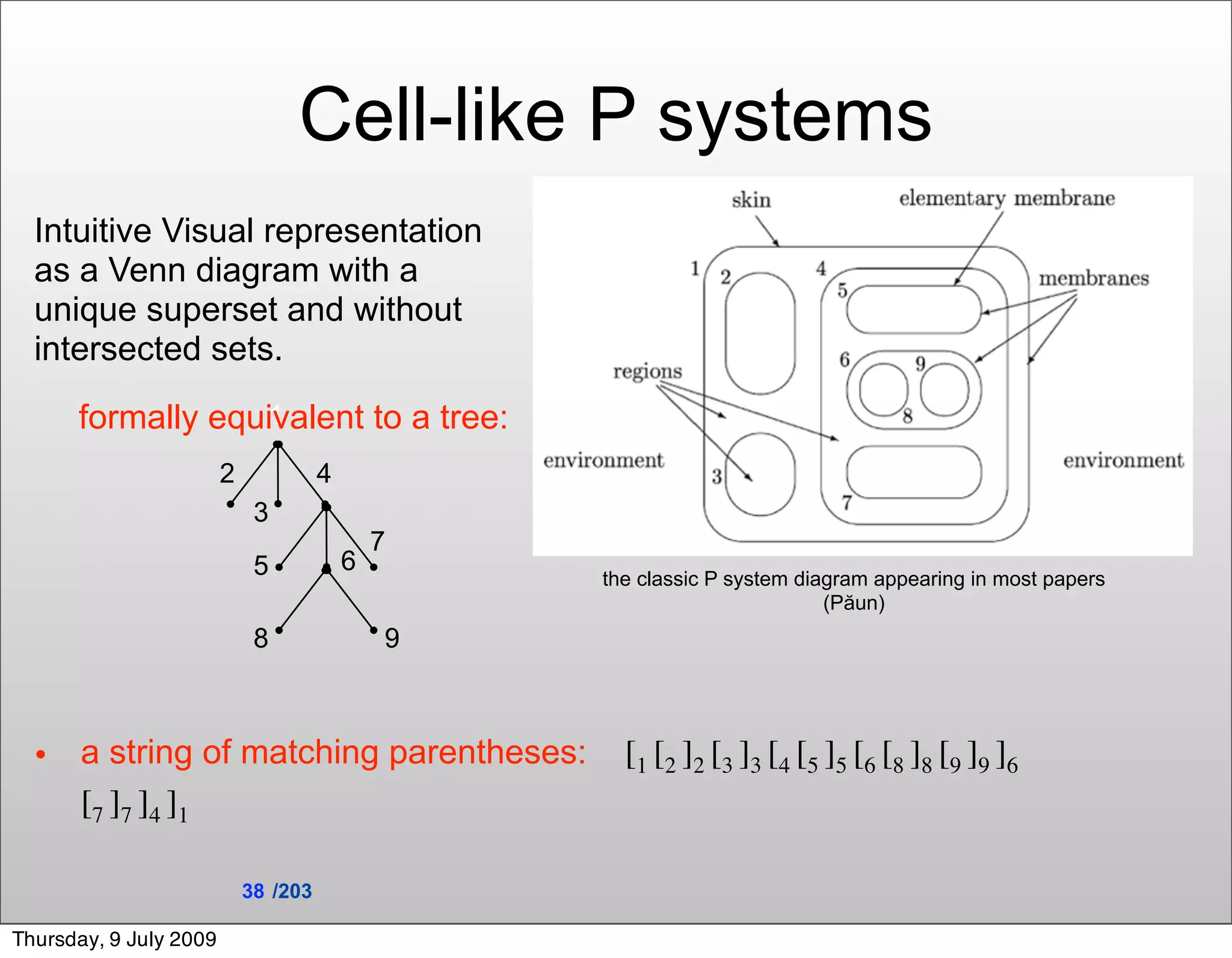 Cell-like P systems
  Intuitive Visual representation
  as a Venn diagram with a
  unique superset and without
  intersected sets.

      formally equivalent to a tree:
                  1

                        2             4
                             3
                                              7
                             5            6
                                                  the classic P system diagram appearing in most papers
                                                                          (Păun)
                             8                9



  •    a string of matching parentheses:            [ 1 [2 ] 2 [ 3 ] 3 [4 [5 ] 5 [6 [ 8 ] 8 [9 ] 9 ]6
       [7 ]7 ]4 ]1

                            38 /203

Thursday, 9 July 2009
 