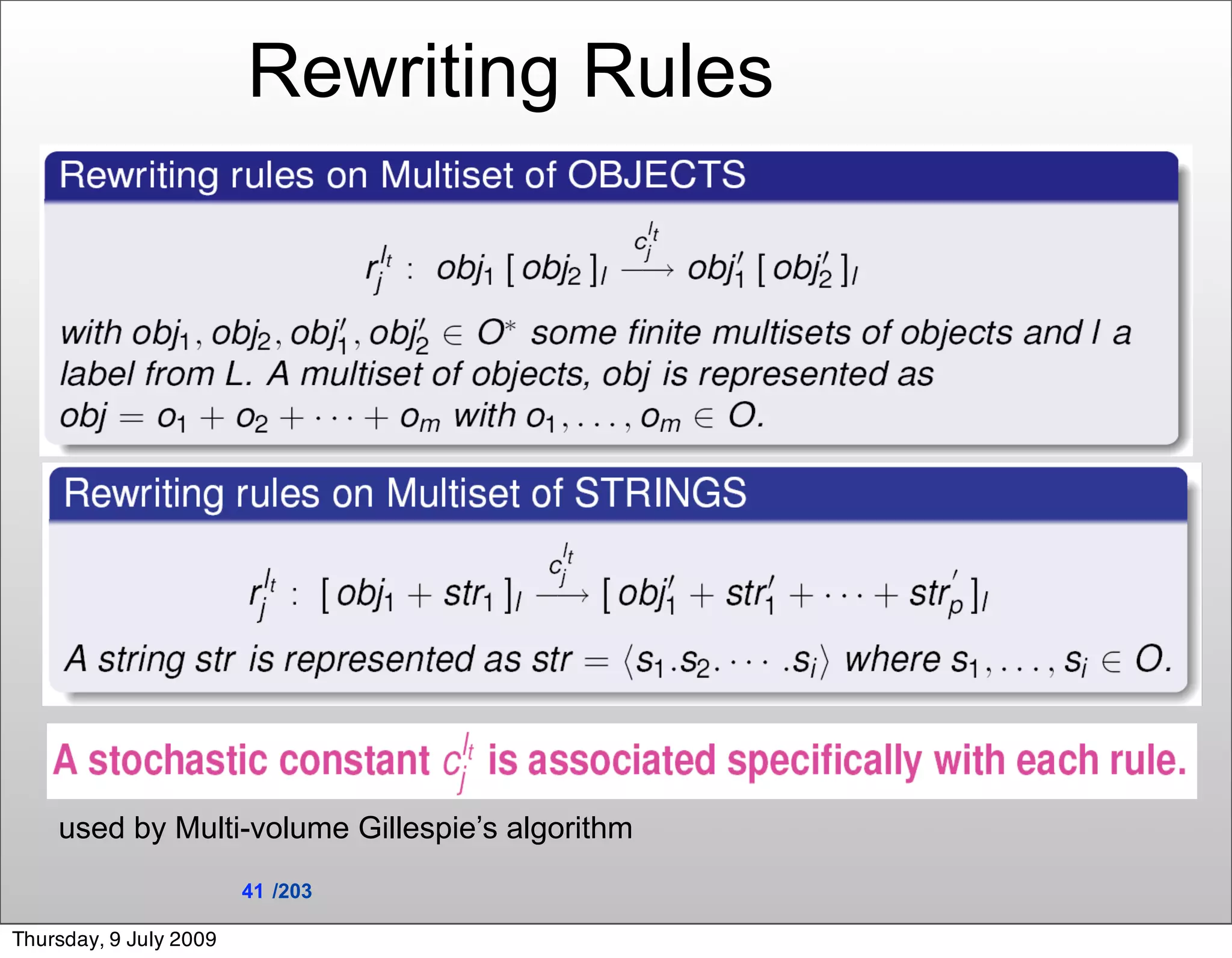 Rewriting Rules




    used by Multi-volume Gillespie’s algorithm
                        41 /203

Thursday, 9 July 2009
 