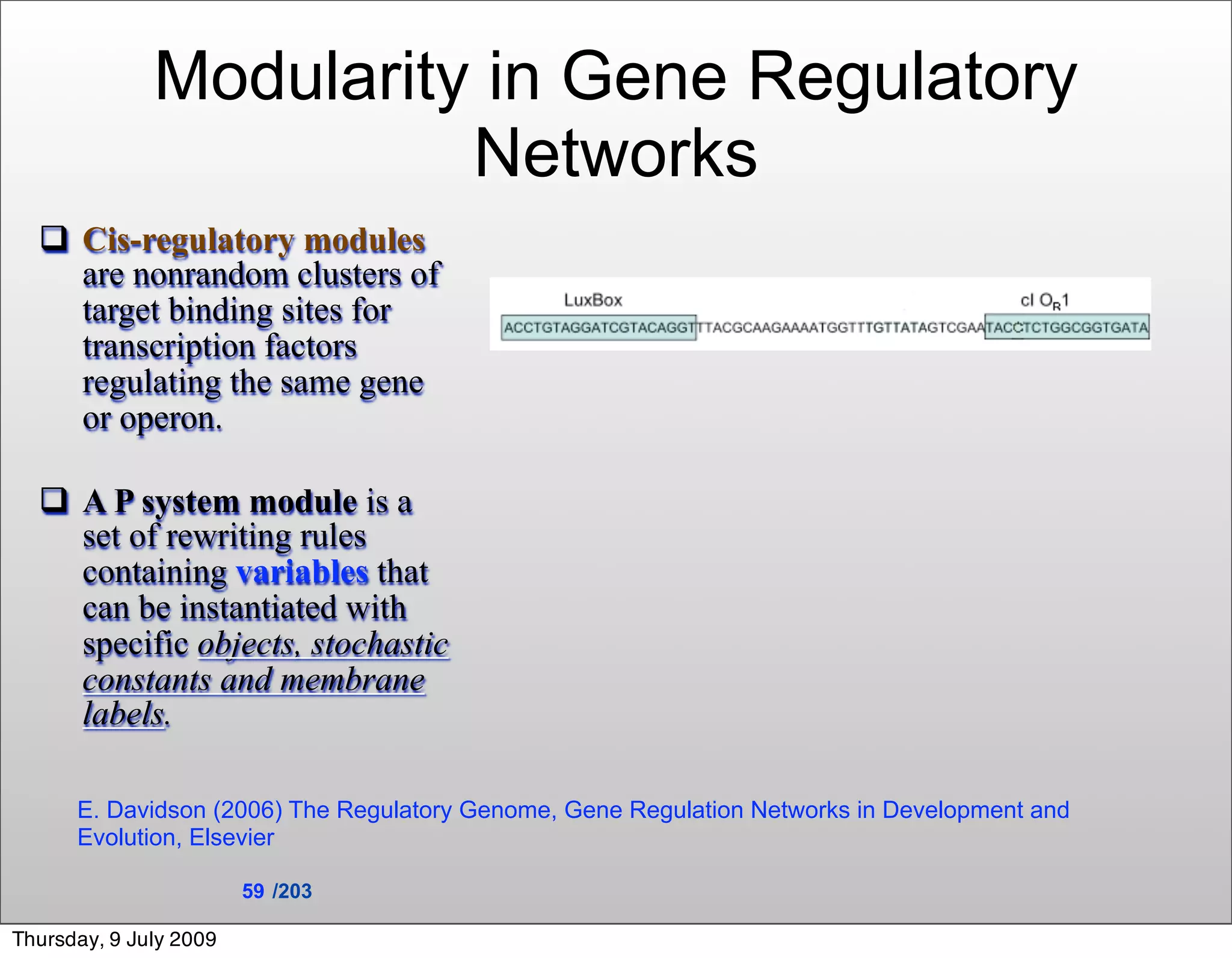 Modularity in Gene Regulatory
                        Networks
   Cis-regulatory modules
    are nonrandom clusters of
    target binding sites for
    transcription factors
    regulating the same gene
    or operon.

   A P system module is a
    set of rewriting rules
    containing variables that
    can be instantiated with
    specific objects, stochastic
    constants and membrane
    labels.

      E. Davidson (2006) The Regulatory Genome, Gene Regulation Networks in Development and
      Evolution, Elsevier

                        59 /203

Thursday, 9 July 2009
 
