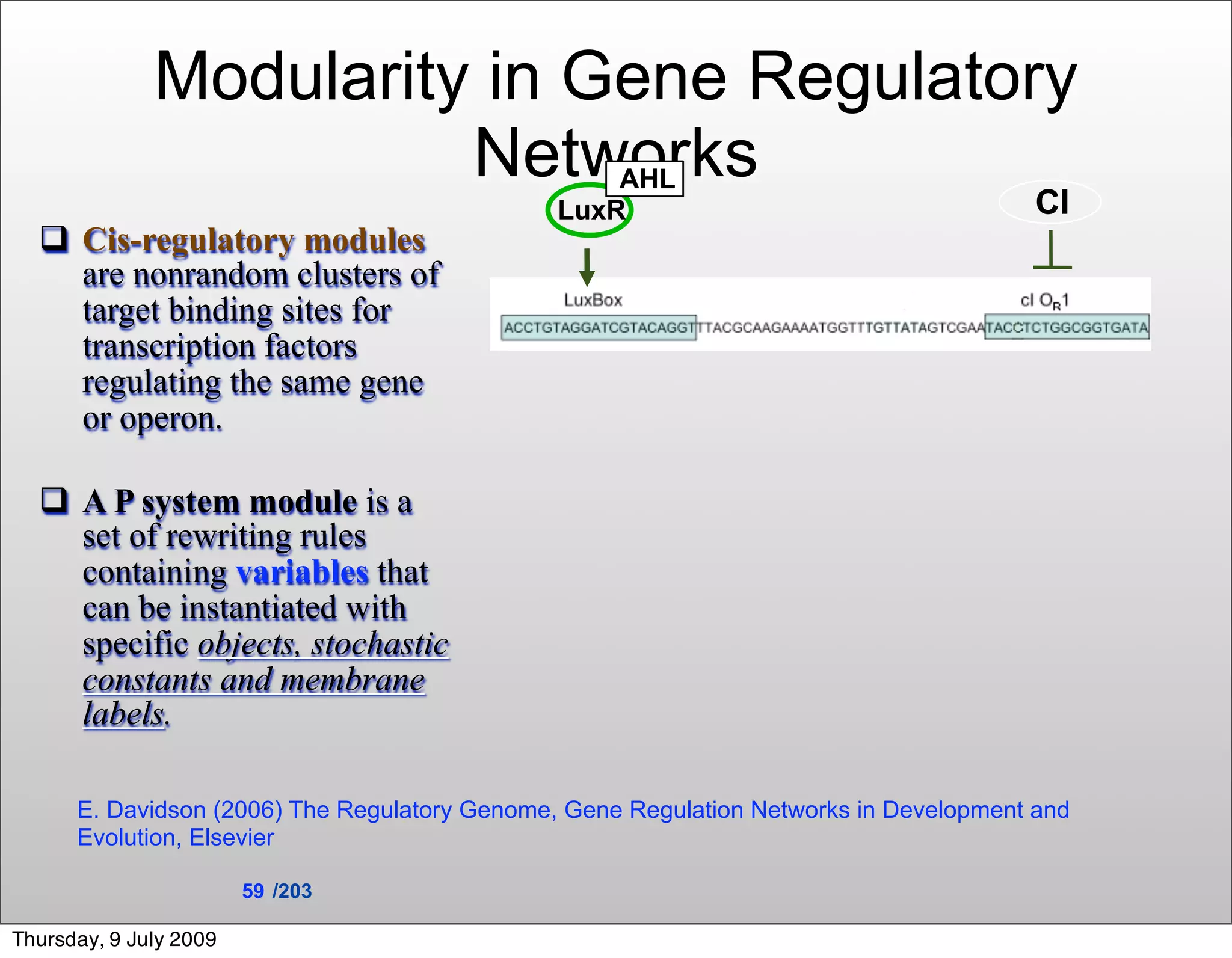 Modularity in Gene Regulatory
                        Networks                   AHL
                                               LuxR                                     CI
   Cis-regulatory modules
    are nonrandom clusters of
    target binding sites for
    transcription factors
    regulating the same gene
    or operon.

   A P system module is a
    set of rewriting rules
    containing variables that
    can be instantiated with
    specific objects, stochastic
    constants and membrane
    labels.

      E. Davidson (2006) The Regulatory Genome, Gene Regulation Networks in Development and
      Evolution, Elsevier

                        59 /203

Thursday, 9 July 2009
 