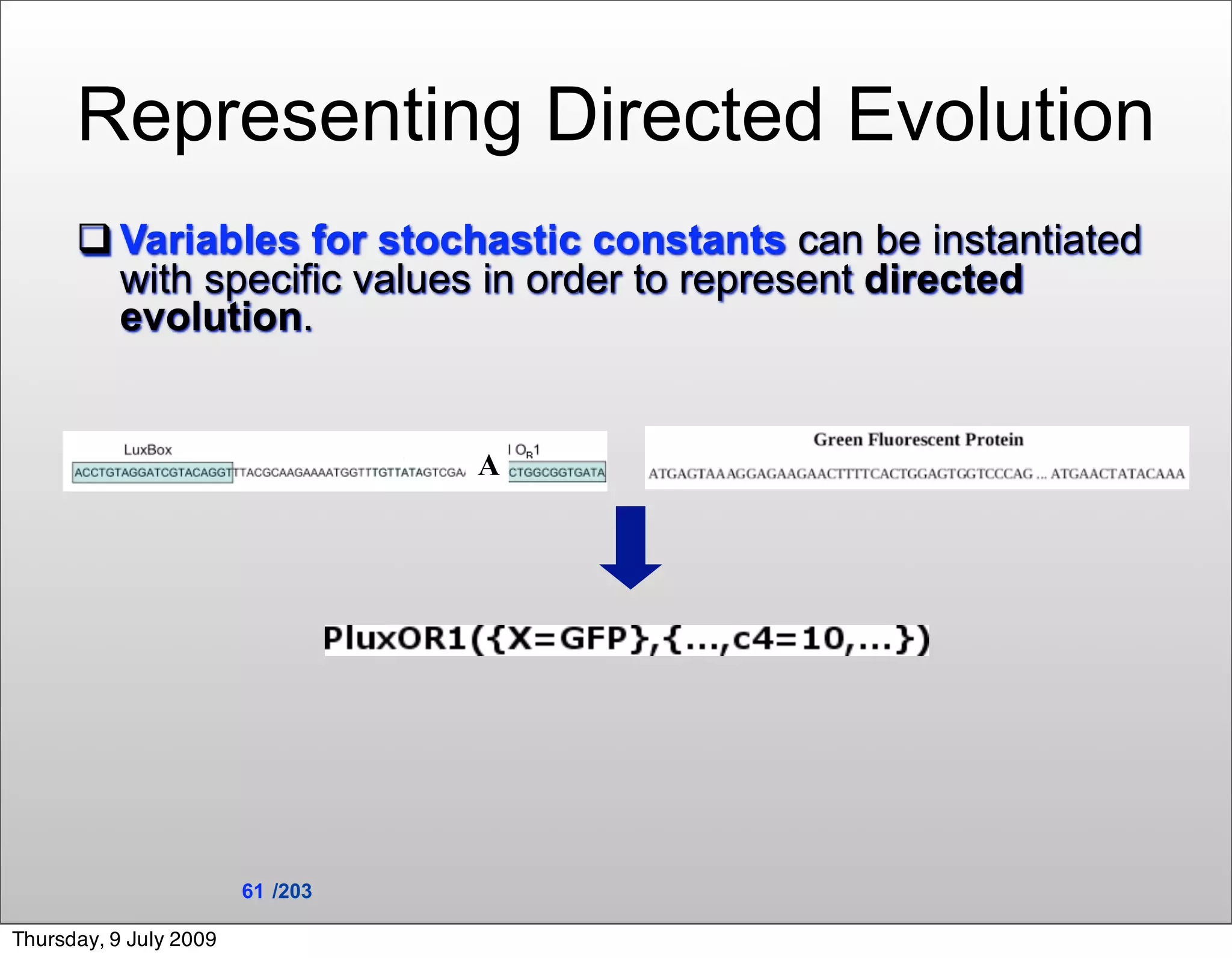 Representing Directed Evolution
       Variables for stochastic constants can be instantiated
        with specific values in order to represent directed
        evolution.


                                  A




                        61 /203

Thursday, 9 July 2009
 